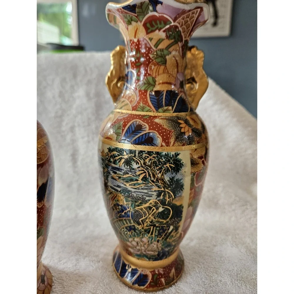 Vintage Set Of 3 hand paint Chinese Decorative Vase Coastal Birds Flowers 8 Inch